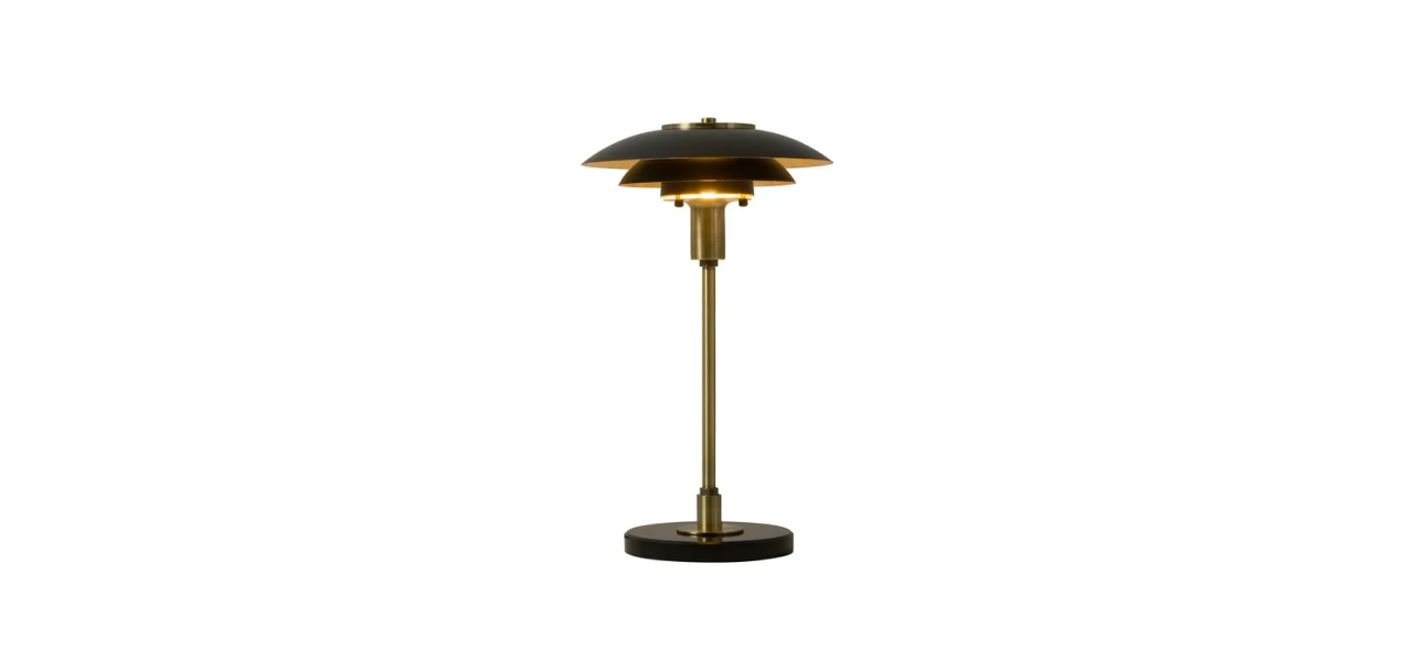 Rancho Mirage Table Lamp - Matte Black & Gold-Leaf Shade, Weathered Brass, Black Marble Base